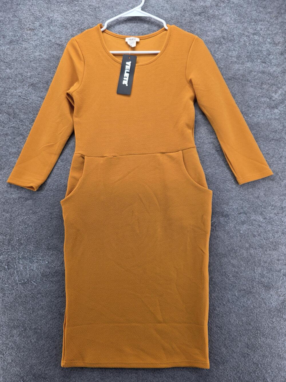 Yelete Dress Womens S Yellow Pencil Sheath Midi 3/4 Sleeve Pockets Knit